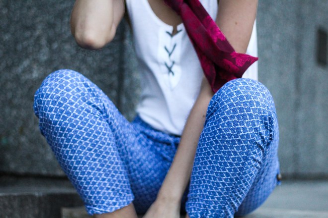 blue patterned jogger pants