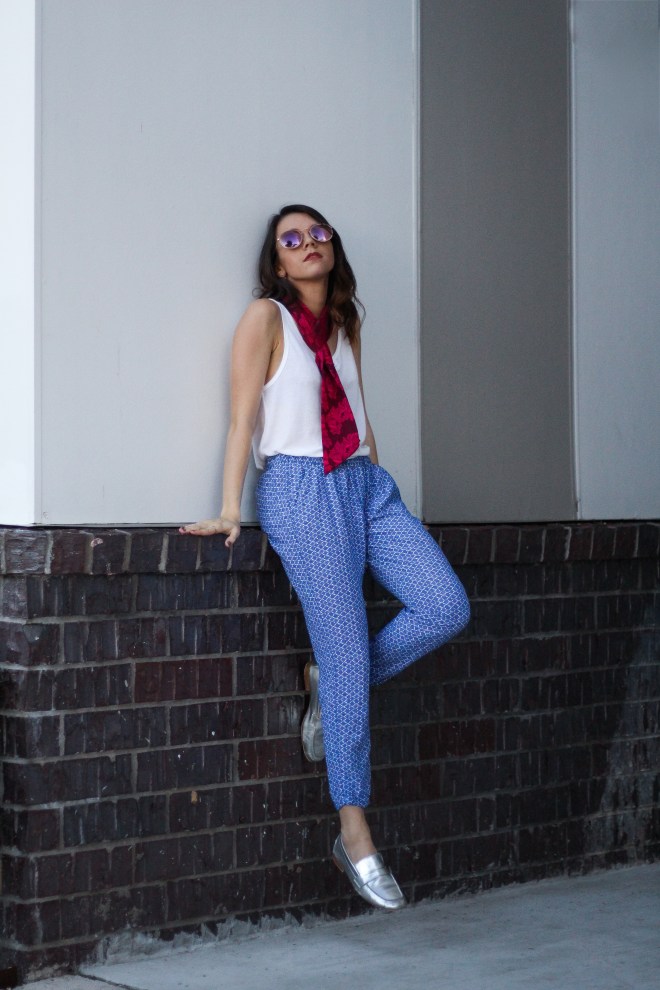summertime outfit with metallic loafers