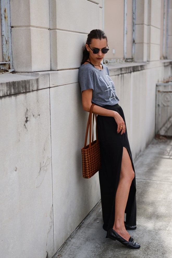 Black Loafers and Woven Handbag