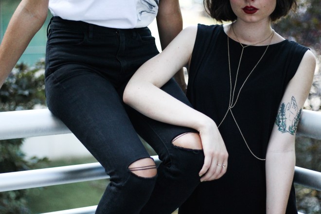 Black Ripped Knee Jeans and Body Chain
