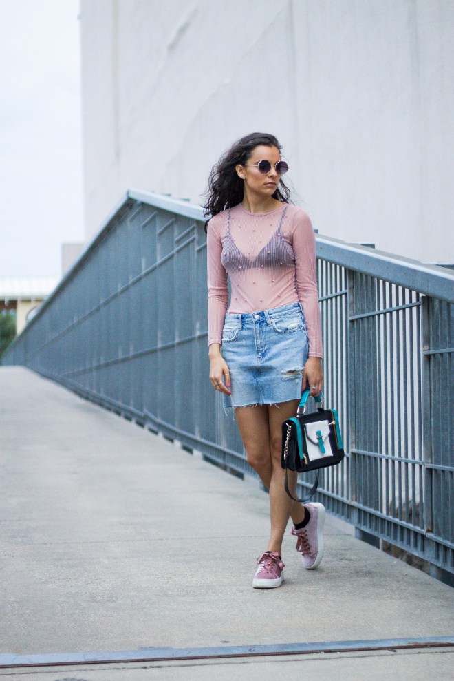 Sheer Pearl Top, Denim Skirt, and Velvet Sneakers