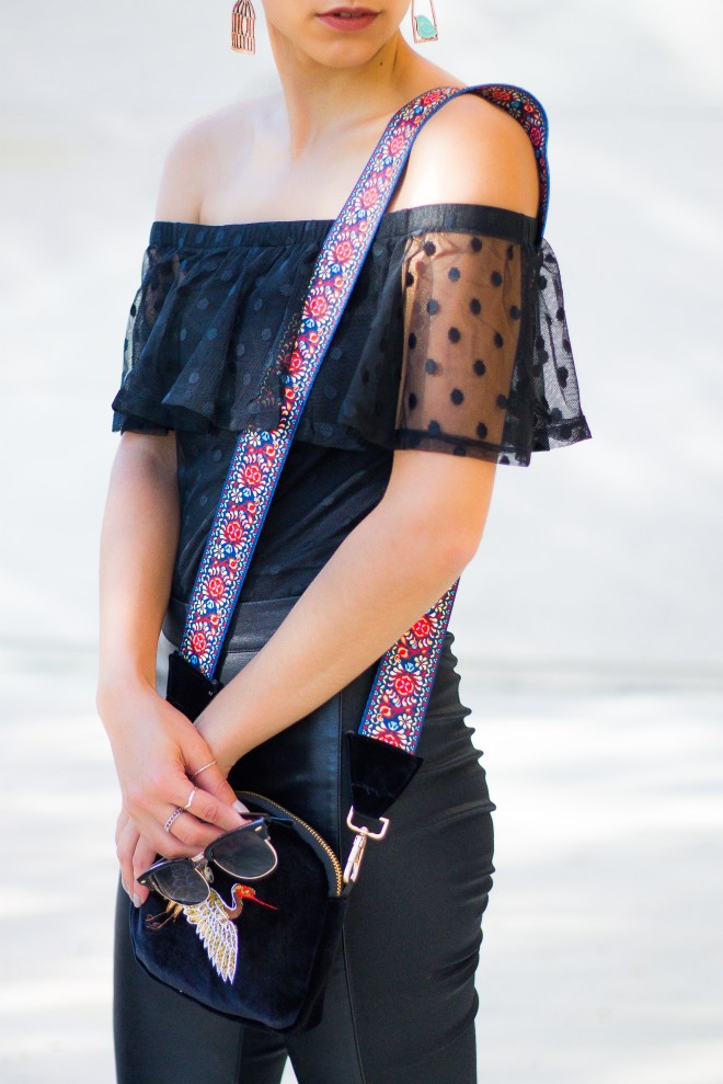 Statement Purse Strap and Off-The-Shoulder Top