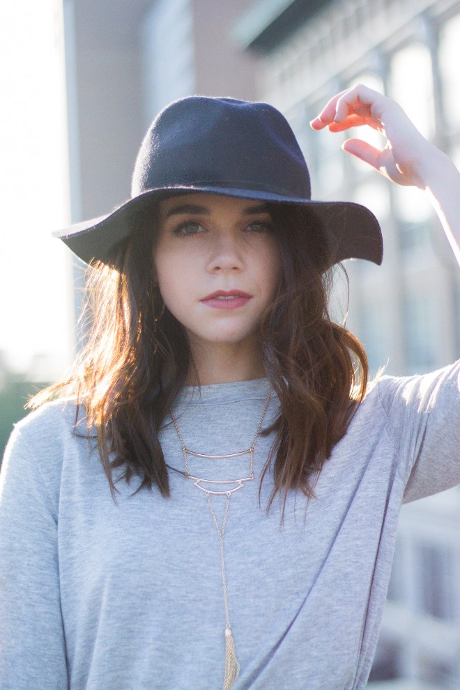 Fashion Ideas: Black Floppy Hat, Gray Tee, and Layered Necklaces
