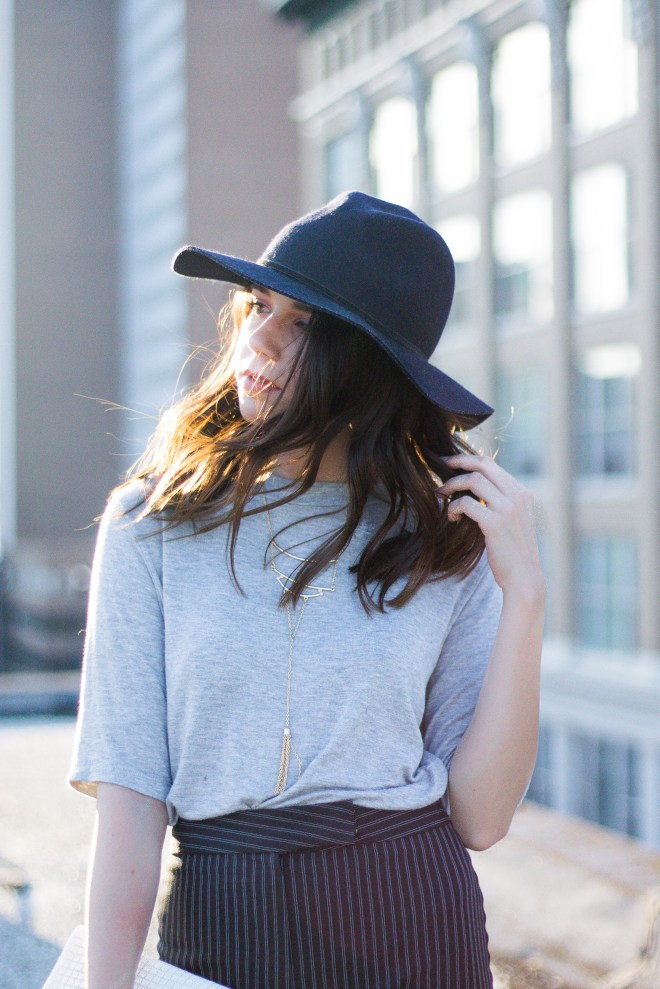 Fashion Ideas: Striped Pants, Gray Tee, and Black Hat